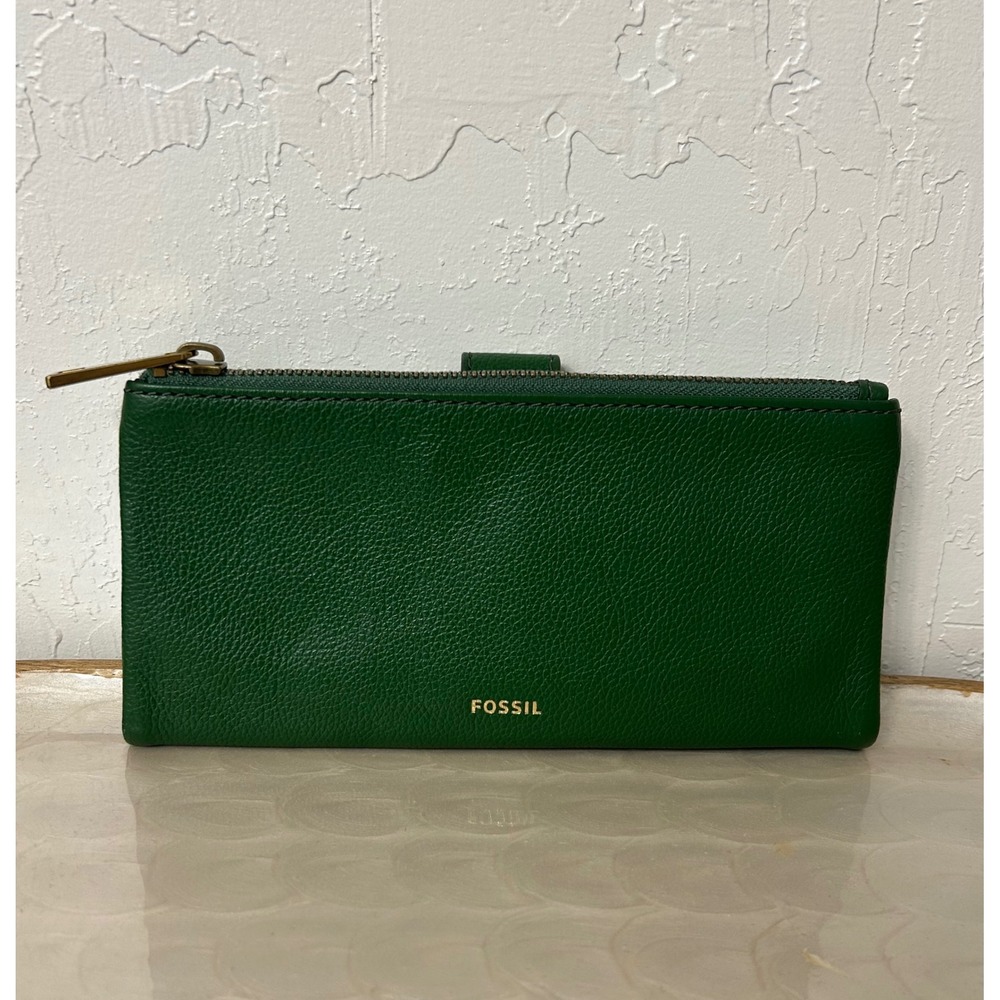 Fossil Slim Clutch Bifold Wallet Green Pebbled Leather Snap Zip